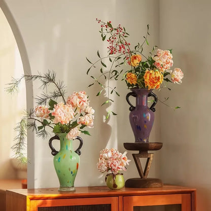 Retro Green Glass Flower Vase – Elegant French Style Home Décor Accent