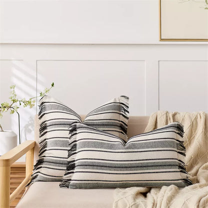 Striped Jacquard Tassel Pillow Cover – Cozy Cotton Blend Cushion for Home Décor