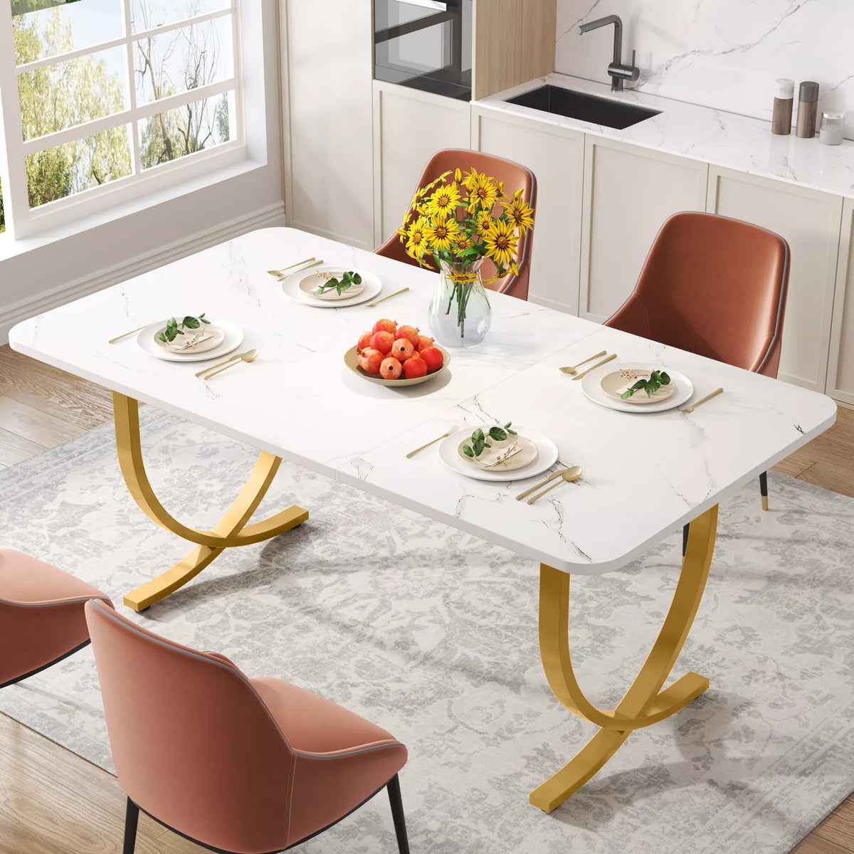Modern 63″ Faux Marble Dining Table with Gold Legs – Seats 4 to 6 - DSARD