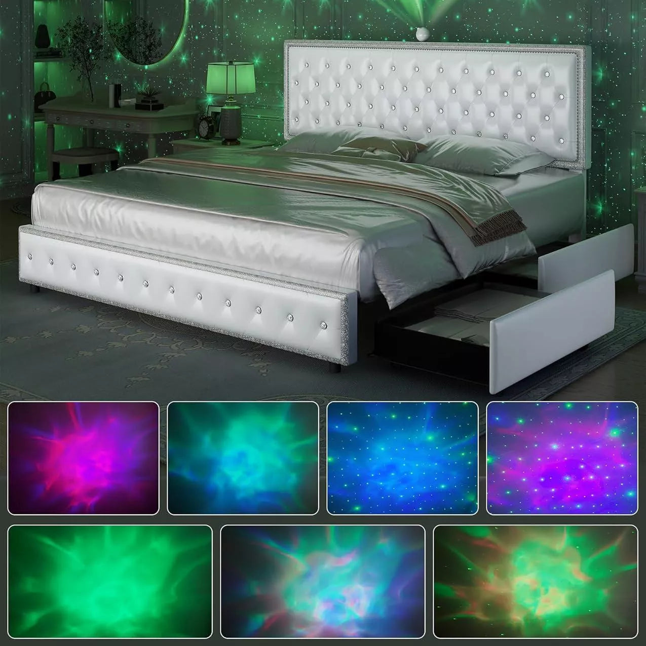 LED Upholstered Bed Frame with Galaxy Lights, Drawers, Bluetooth Speaker & USB - DSARD
