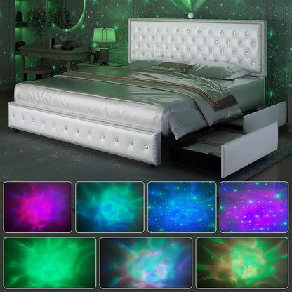 LED Upholstered Bed Frame with Galaxy Lights, Drawers, Bluetooth Speaker & USB - DSARD