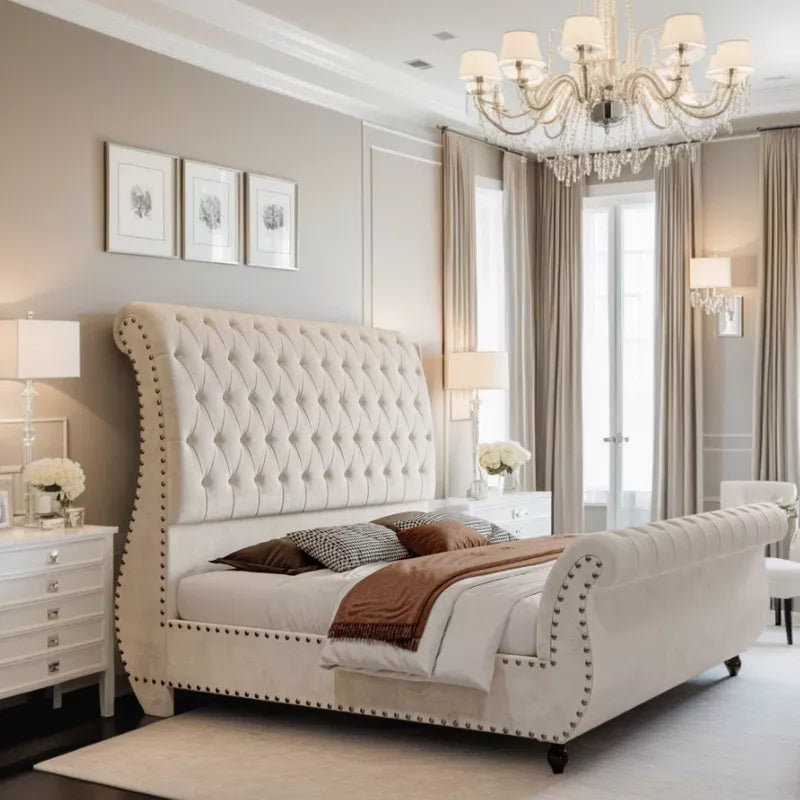 Queen Velvet Upholstered Sleigh Bed Frame with Scroll Headboard & Footboard - DSARD