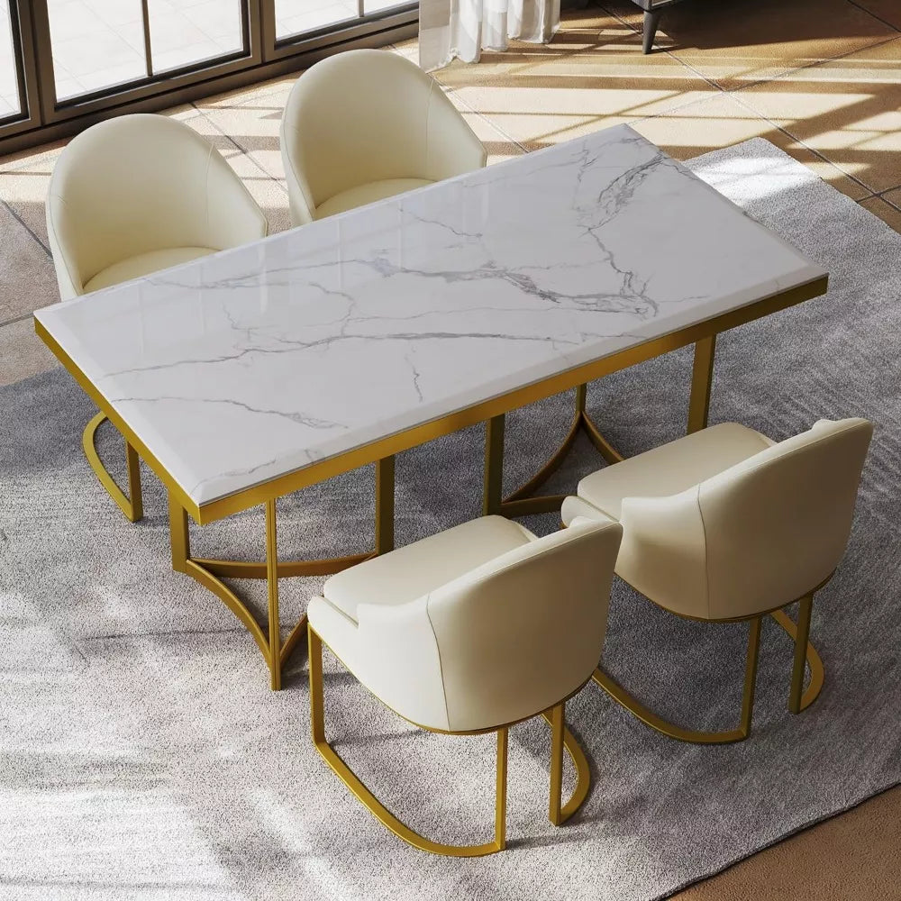 Luxury White Marble Dining Table for 6 with Gold Trestle Pedestal - DSARD