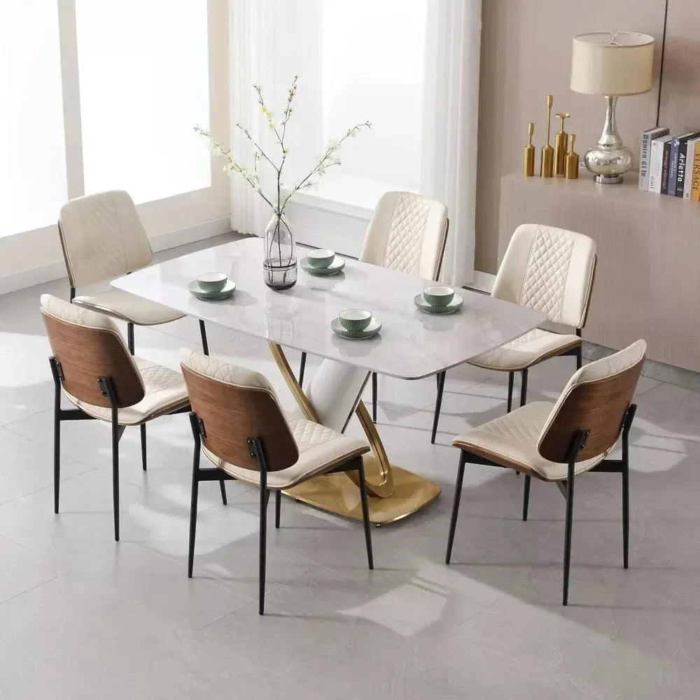 Dining Chairs Set of 6, PU Leather Armless Kitchen Chairs, Modern Walnut Style with Metal Legs - DSARD - DSARD
