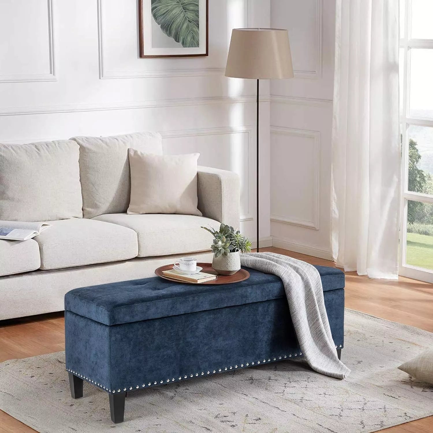Tufted Linen Storage Ottoman Bench with Lift Top & Solid Wood Legs - DSARD