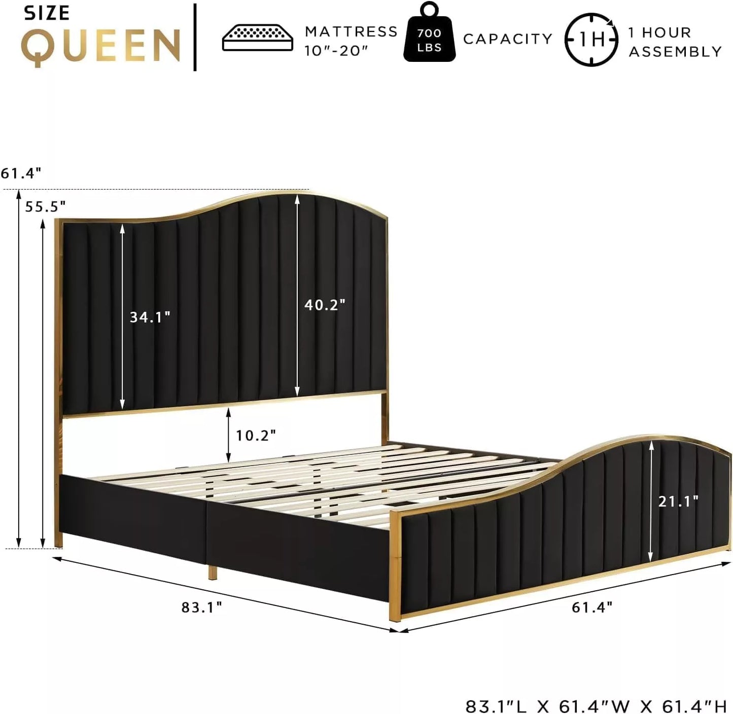 Luxury Queen Bed Frame with 61.4″ Tufted Velvet Headboard & Gold Trim - DSARD