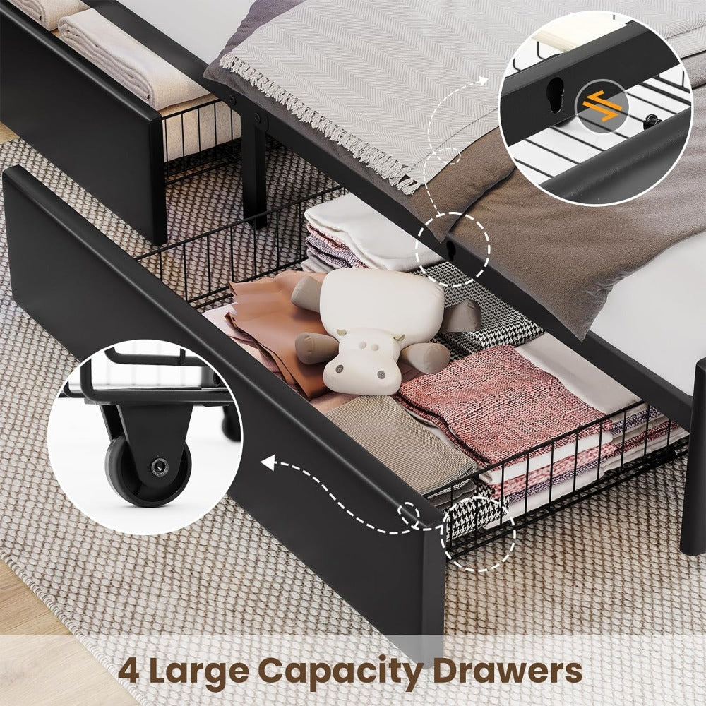 Queen Bed Frame with Storage, Bookcase Headboard, Charging Station & LED Lights - DSARD