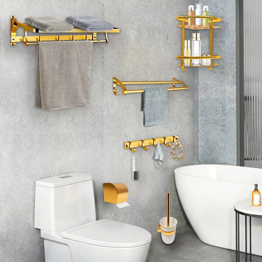 Gold Space Aluminum Bathroom Accessories Set with Towel Bar & Shelf