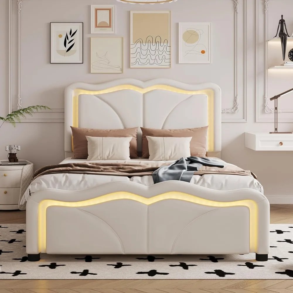 Twin Platform Bed with LED Light Strips & Adjustable Headboard