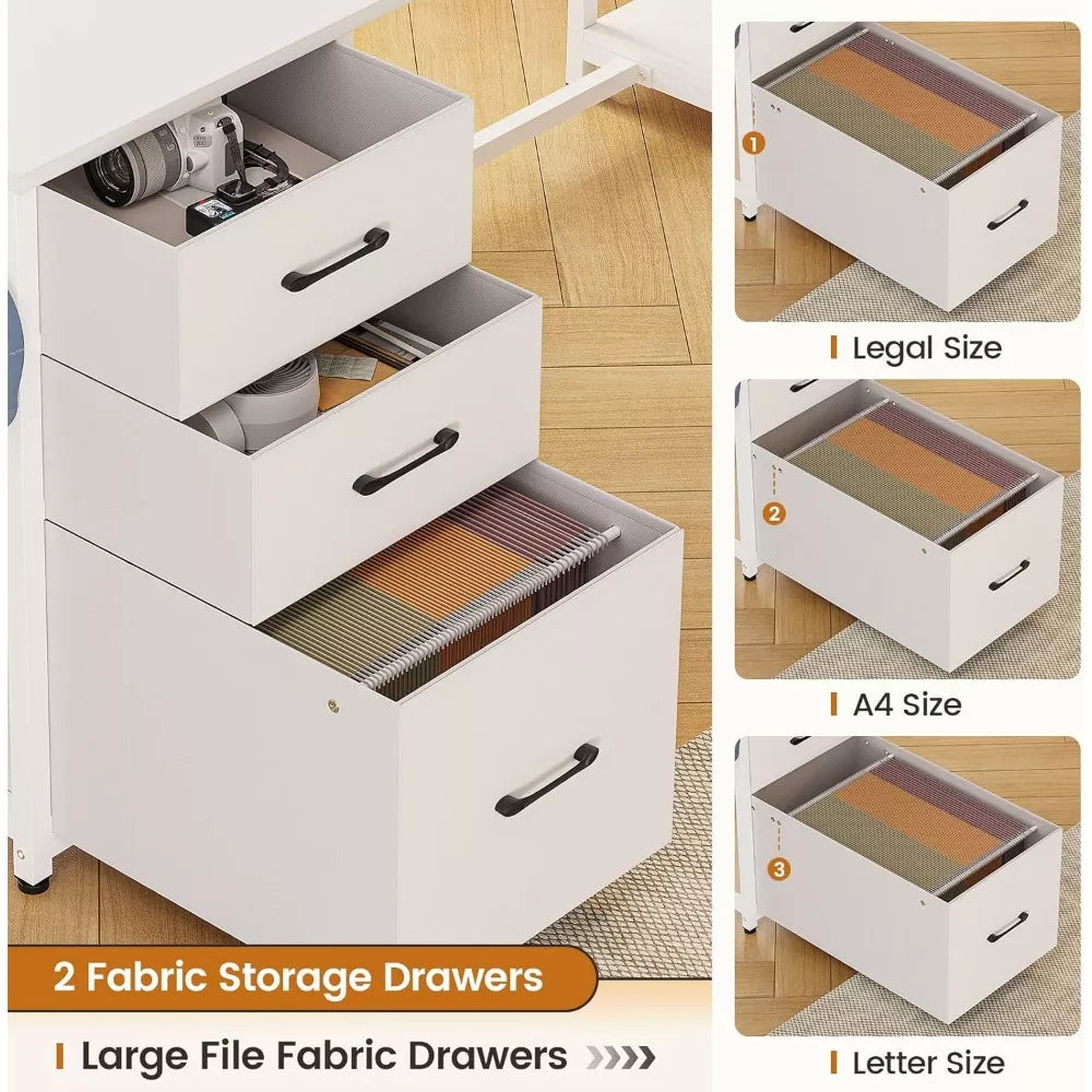 L Shaped Computer Desk with LED, 3 Drawers, Bookshelf & Storage Shelves - DSARD