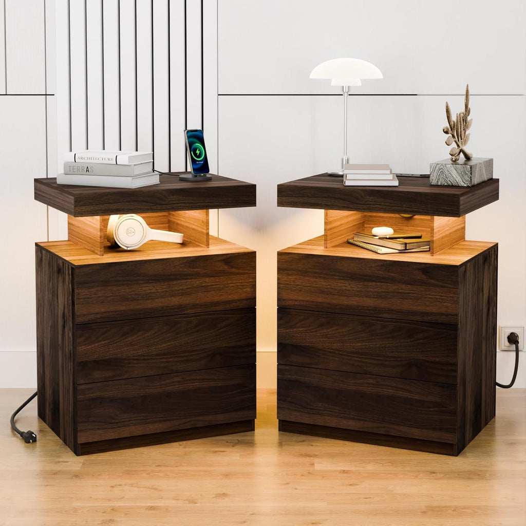 Set of 2 LED Premium Nightstands with Wireless Charging and RGB Lighting