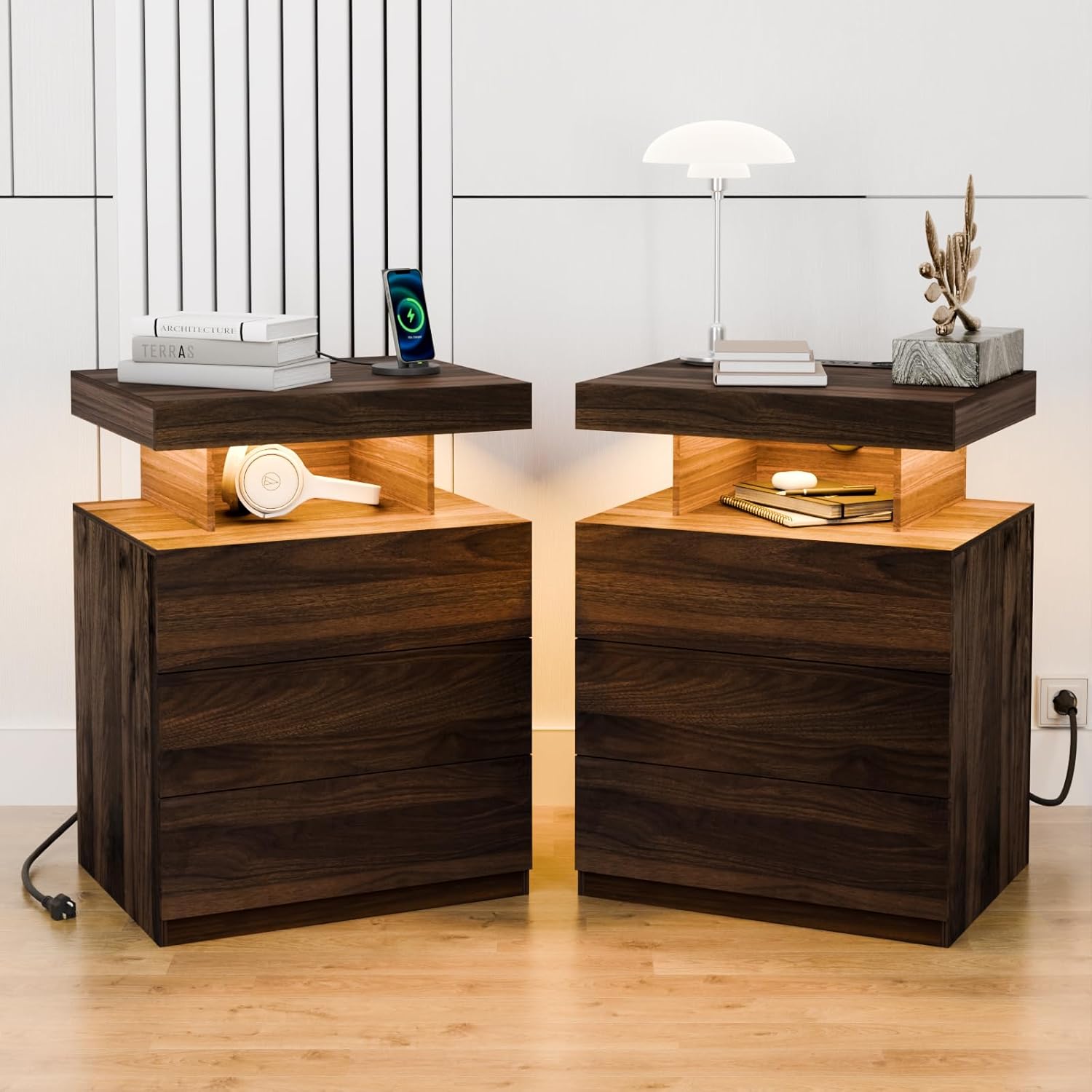 Set of 2 LED Premium Nightstands with Wireless Charging and RGB Lighting