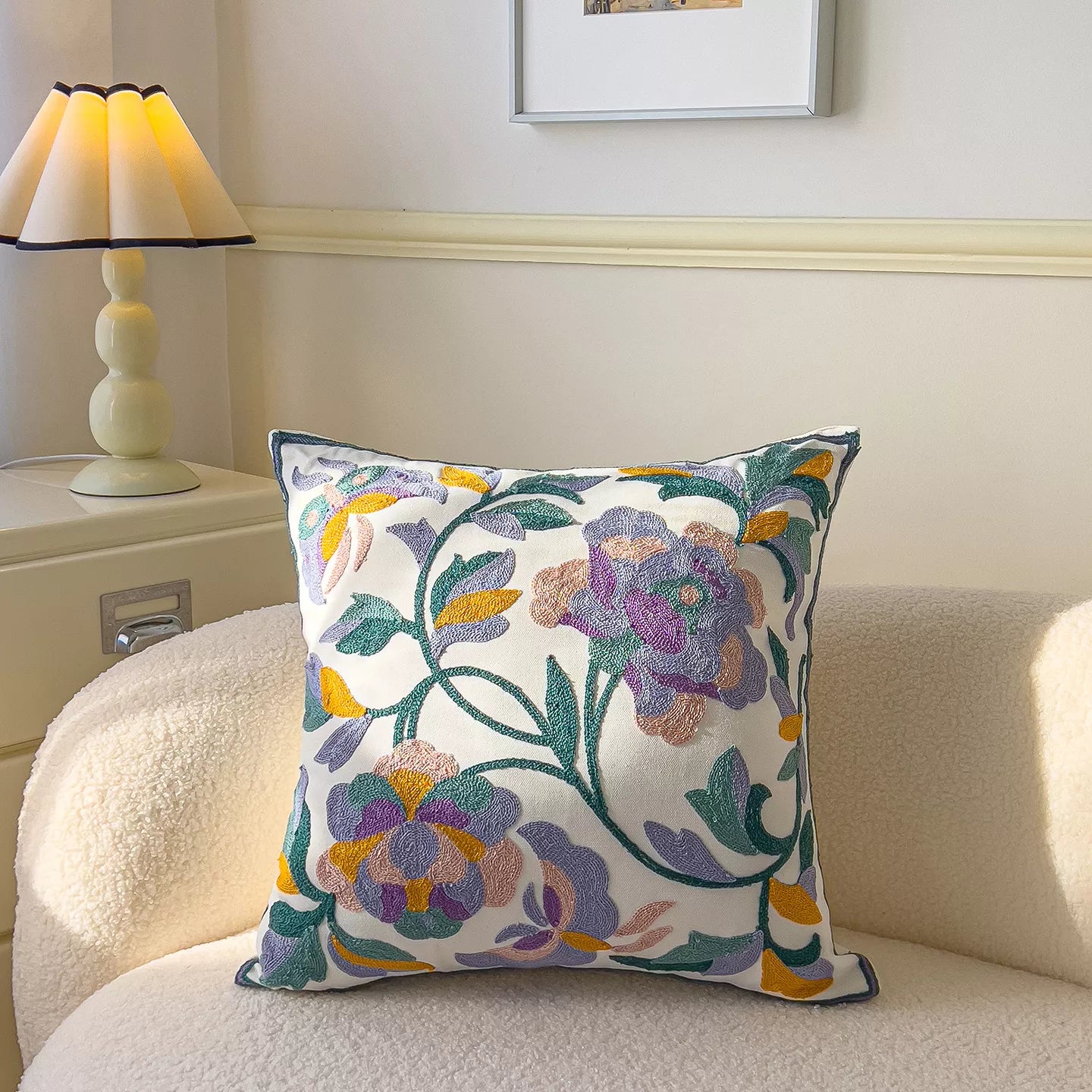 Floral Embroidered Cotton Pillow Cover 18×18 Inch – Cozy Decorative Cushion Case
