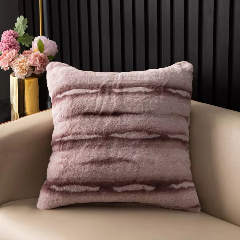 Striped Plush Rabbit Fur Throw Pillow Cover 18x18in Soft Cushion Case