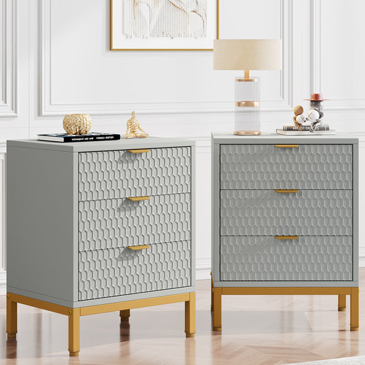 2-Pack Modern White & Gold Premium Nightstands with 3 Drawers – Contemporary Tall Bedside Tables