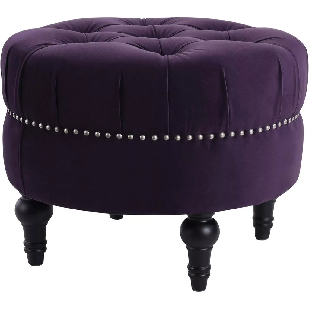 Lux Tufted Round Ottoman with Nailhead Trim, Purple Velvet, 25-Inch - DSARD
