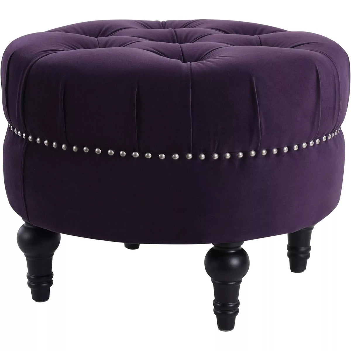 Lux Tufted Round Ottoman with Nailhead Trim, Purple Velvet, 25-Inch - DSARD