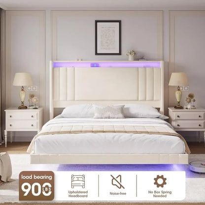 Queen Bed Frame with Storage Headboard, LED Lights & Charging Station - DSARD