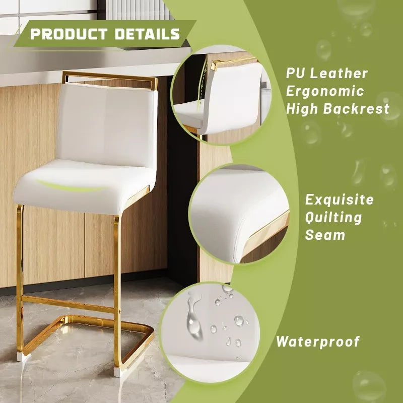 Gold Bar Stools Set of 4 with Back, 24″ White Island Chairs with Gold Legs - DSARD
