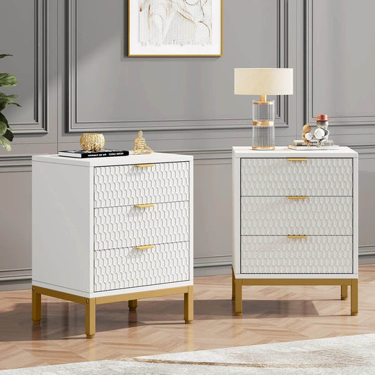2-Pack Modern White & Gold Premium Nightstands with 3 Drawers – Contemporary Tall Bedside Tables