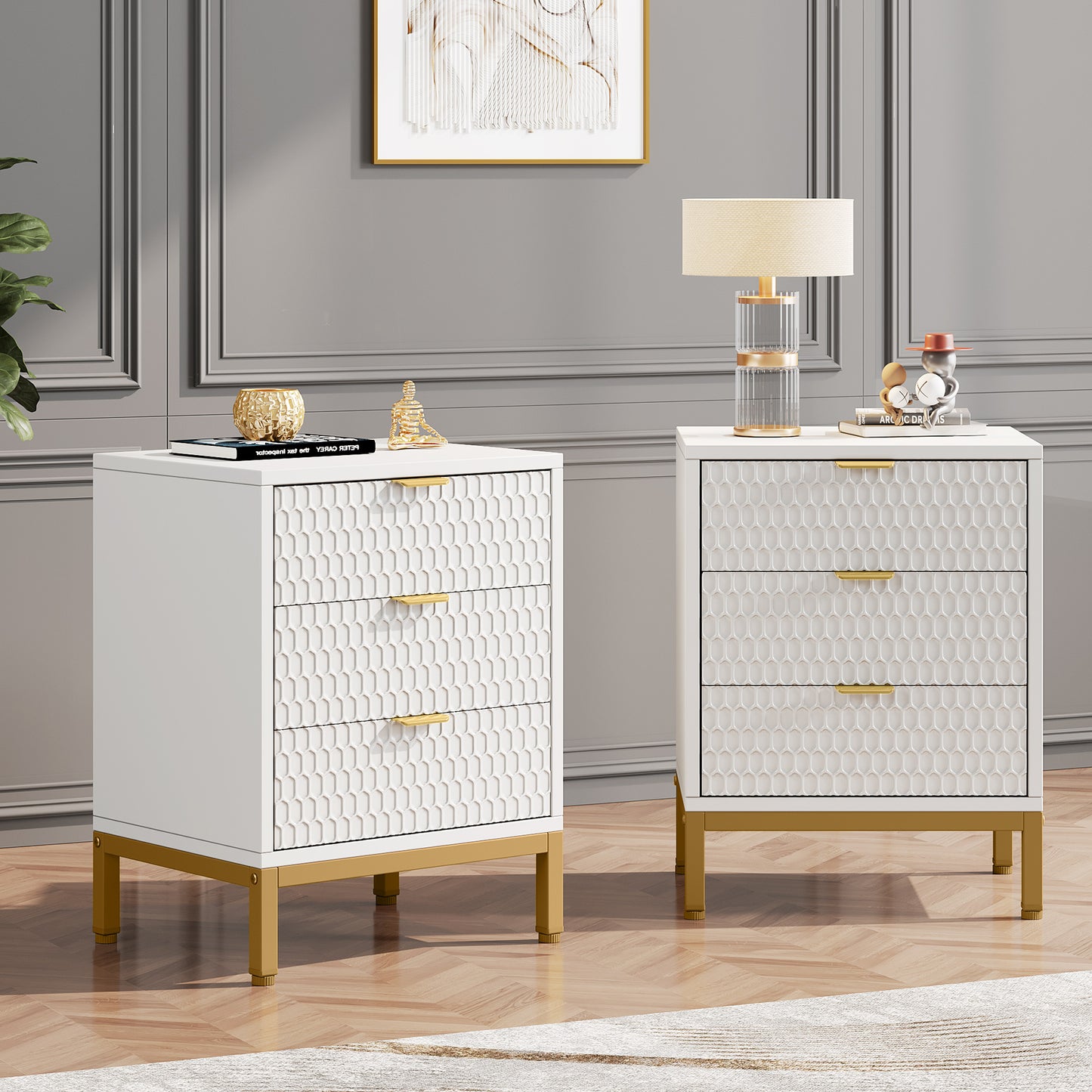 2-Pack Modern White & Gold Premium Nightstands with 3 Drawers – Contemporary Tall Bedside Tables