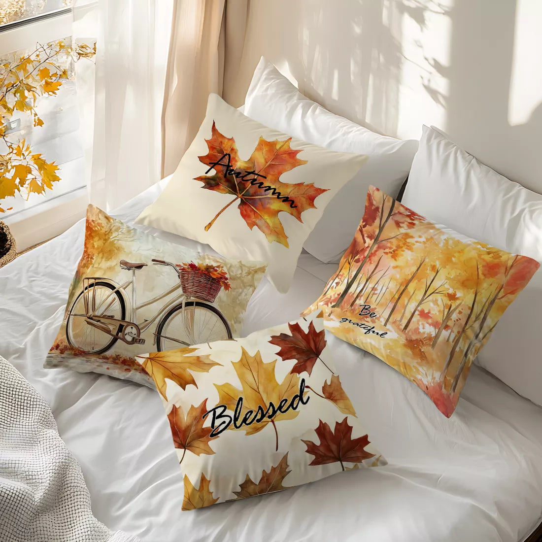 Autumn Maple Leaves Watercolor Cushion Cover – Thanksgiving Home Decor
