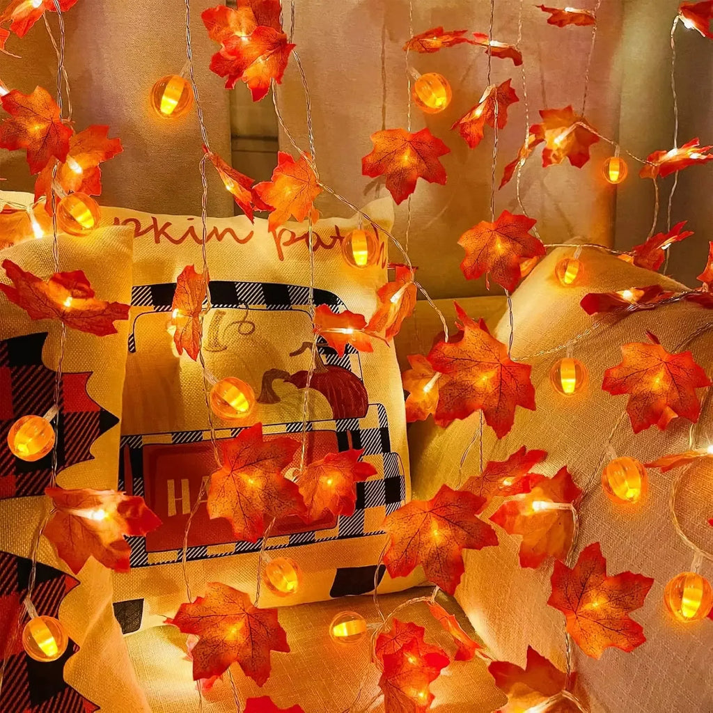 Autumn Maple Leaf & Pumpkin LED String Lights – 1.5M Battery Operated - DSARD