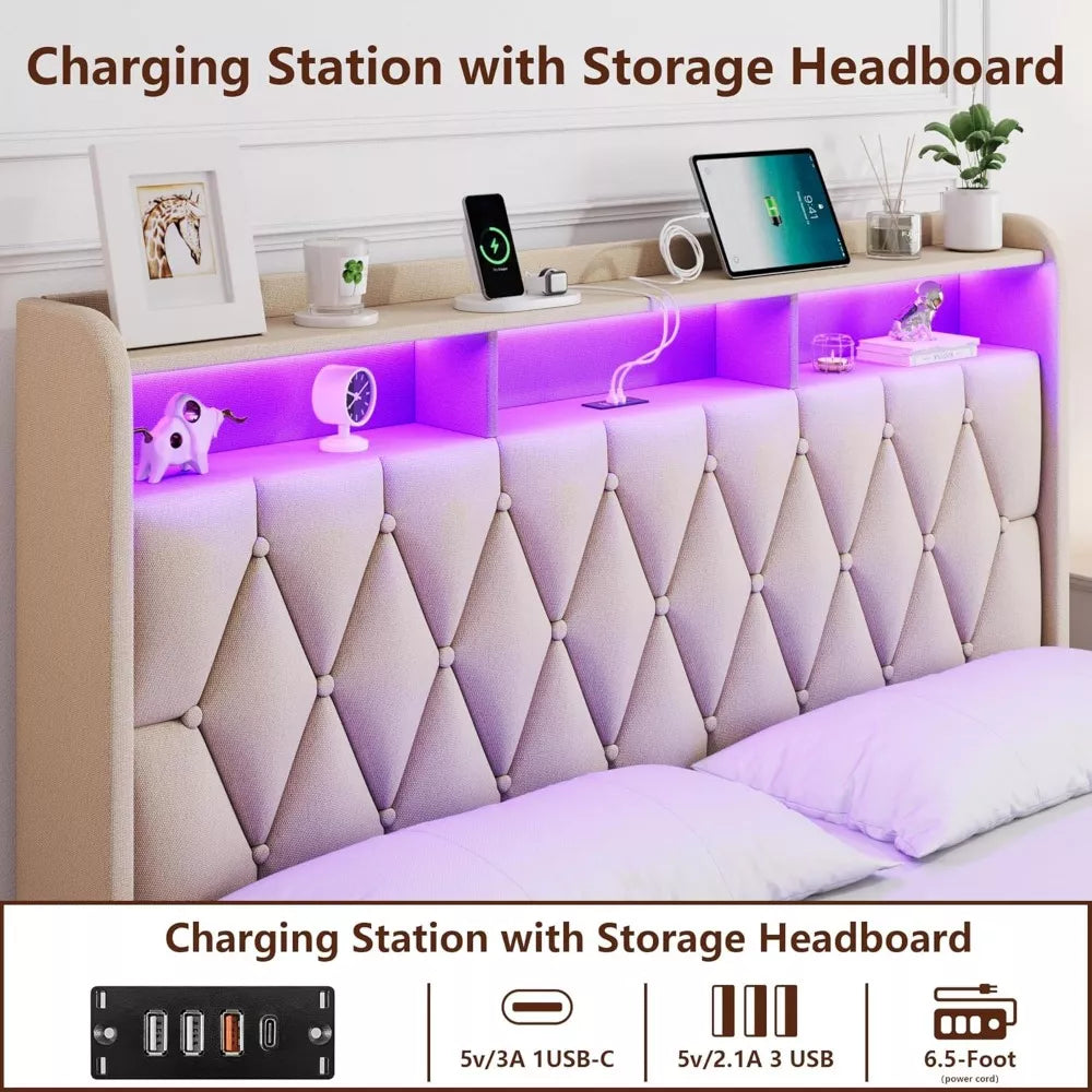 Queen Upholstered Bed with Storage Drawers, LED Headboard & Charging