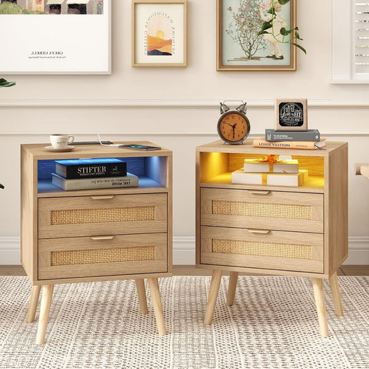 Boho Rattan Premium Nightstands with Charging Station, LED Lights & Drawers