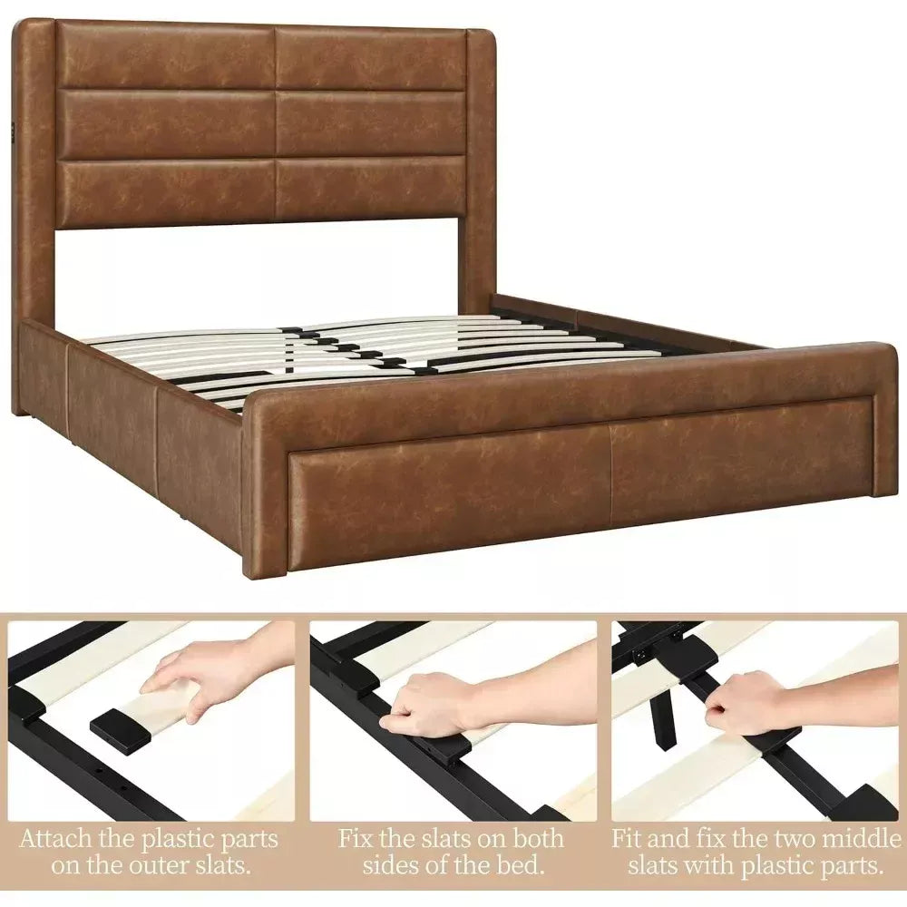 Queen Bed Frame with Storage Drawers & USB Ports, Leather Headboard, 86″x63.5″ - DSARD