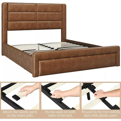 Queen Bed Frame with Storage Drawers & USB Ports, Leather Headboard, 86″x63.5″ - DSARD