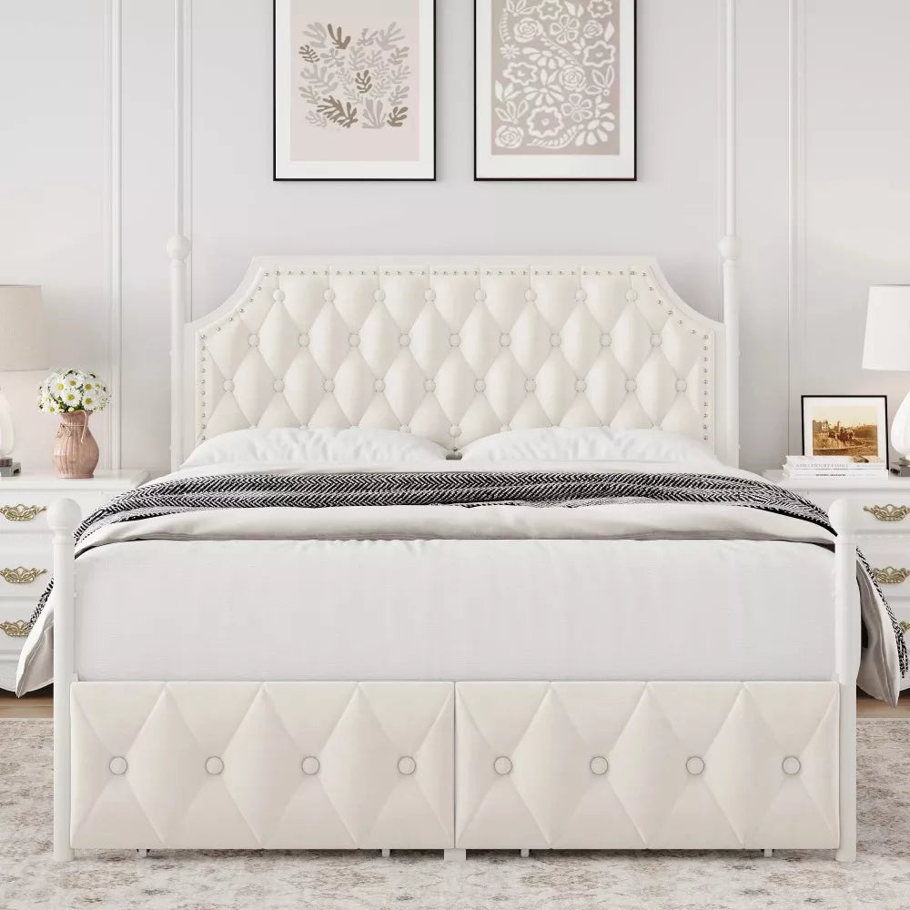 Full Size Upholstered Canopy Bed Frame with Storage Drawers