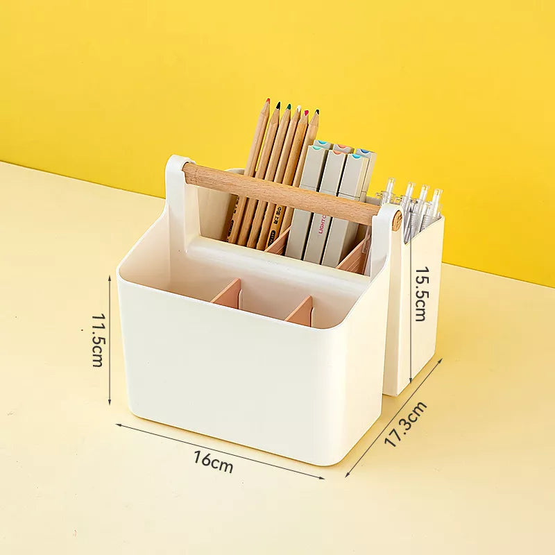 Adjustable Plastic Desktop Organizer Caddy with Wooden Handle