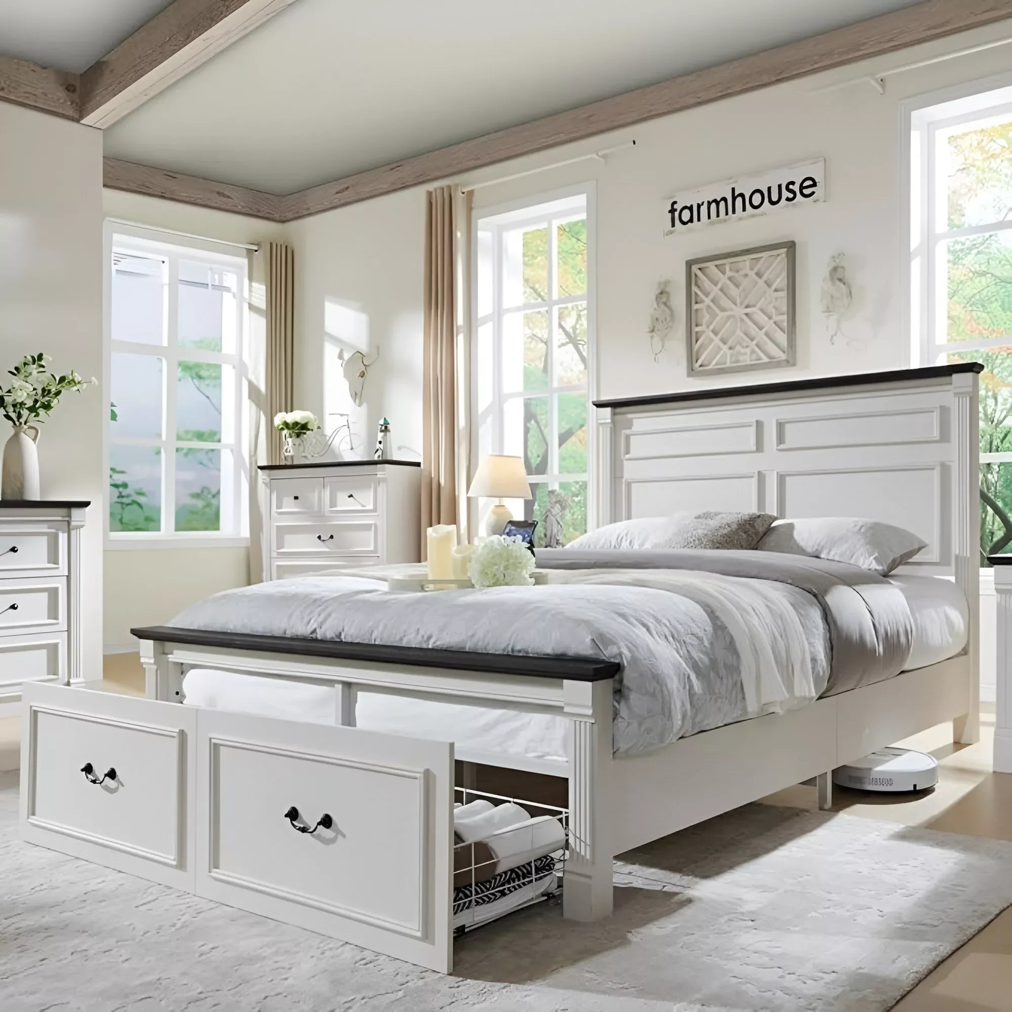 Farmhouse Full Size Platform Bed Frame with Storage Drawers & Roman Column Design - DSARD - DSARD