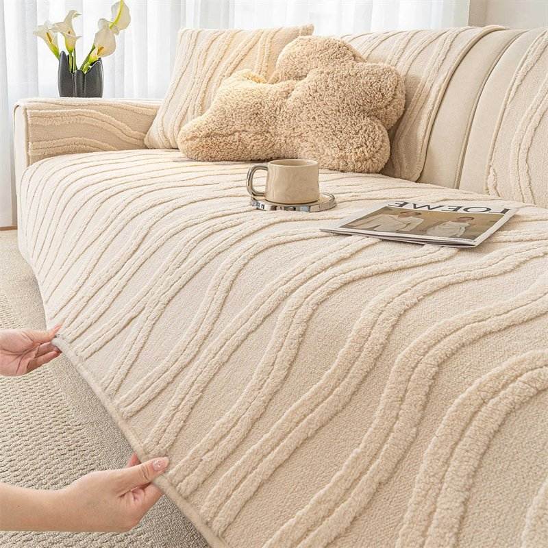 French Striped Plush Winter Sofa Cover – Warm, Non-Slip Couch Cushion Pad