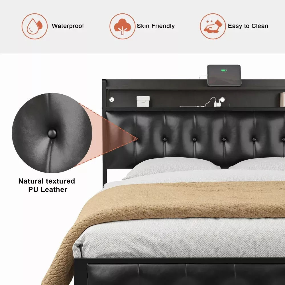 Queen Bed Frame with Storage Headboard, LED & Power Charging Station
