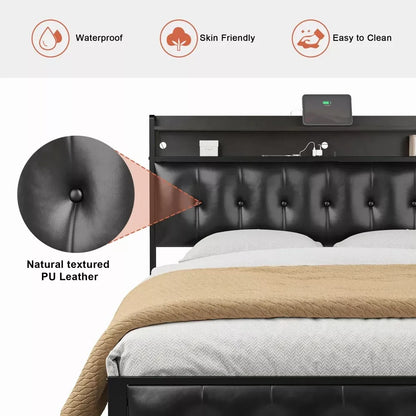 Queen Bed Frame with Storage Headboard, LED Lights, and Power Charging Station - DSARD