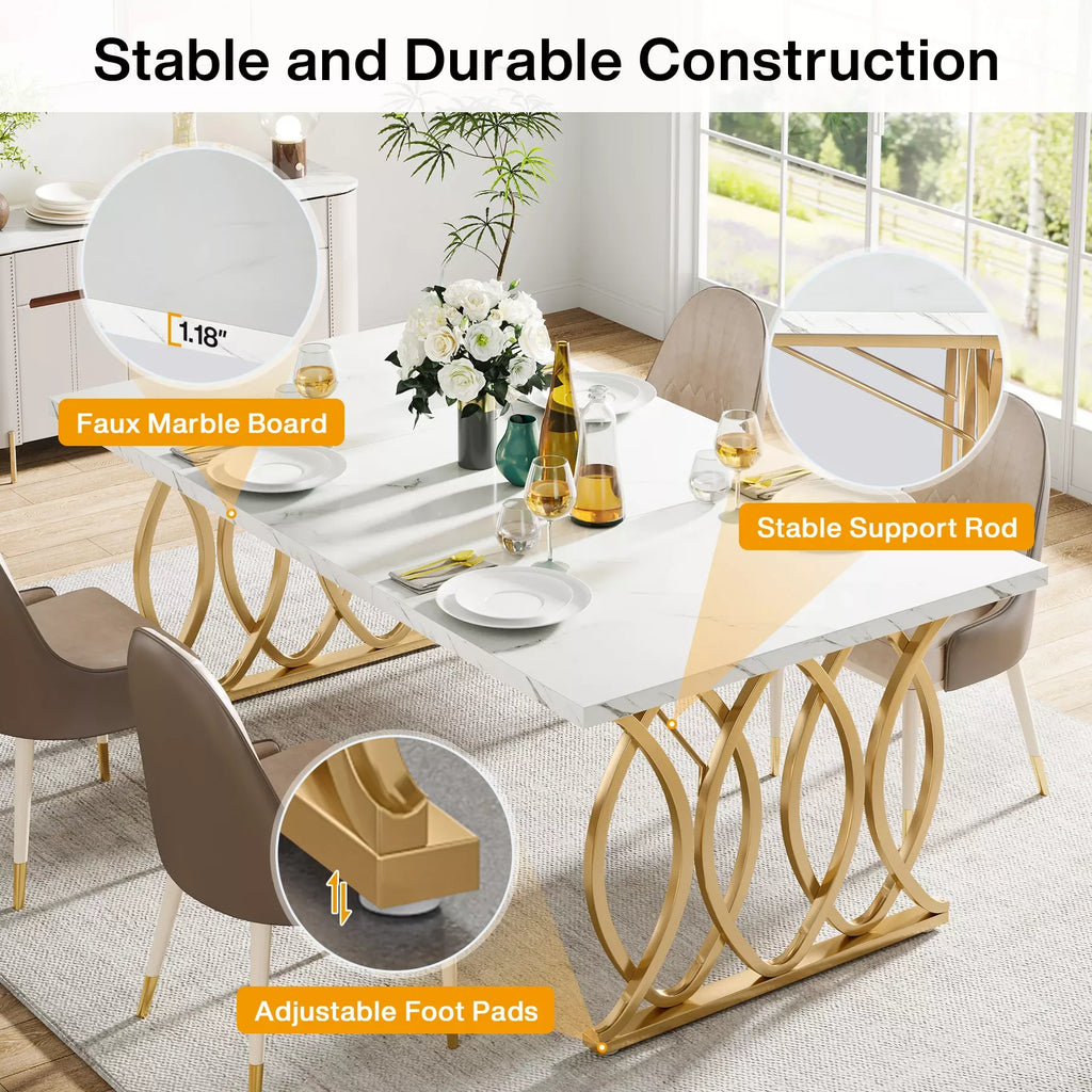 63″ Rectangular Dining Table with Faux Marble Top and Gold Metal Legs - DSARD - DSARD