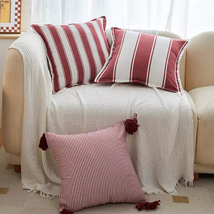 Red and White Striped Pillow Cover with Tassel Fringe 18×18 Inch Cotton Blend