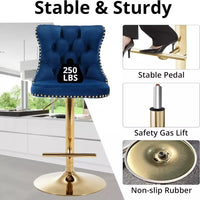 Velvet Adjustable Bar Stools Set of 4 with High Back and Nailhead Trim - DSARD