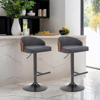 Set of 2 Adjustable Swivel Bar Stools, Cat Scratch Resistant Faux Leather, Wooden Backrest, Black Footrest - DSARD