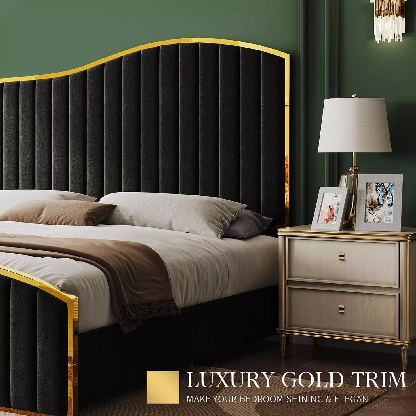 Luxury Queen Bed Frame with 61.4″ Tufted Velvet Headboard & Gold Trim - DSARD