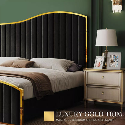 Luxury Queen Bed Frame with 61.4″ Tufted Velvet Headboard & Gold Trim - DSARD