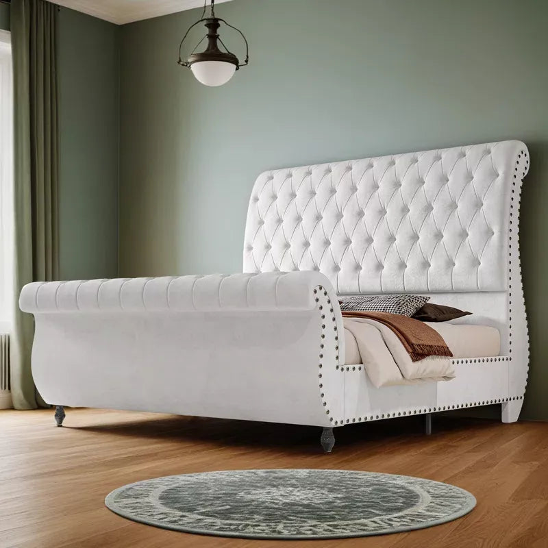 Queen Velvet Sleigh Bed with Scroll Headboard & Footboard