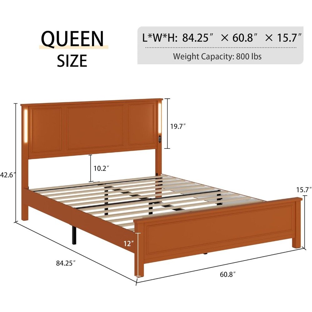 Queen Size Wooden Bed Frame with Headboard, Rustic Platform Bed with LED Lights & Charging Station - DSARD