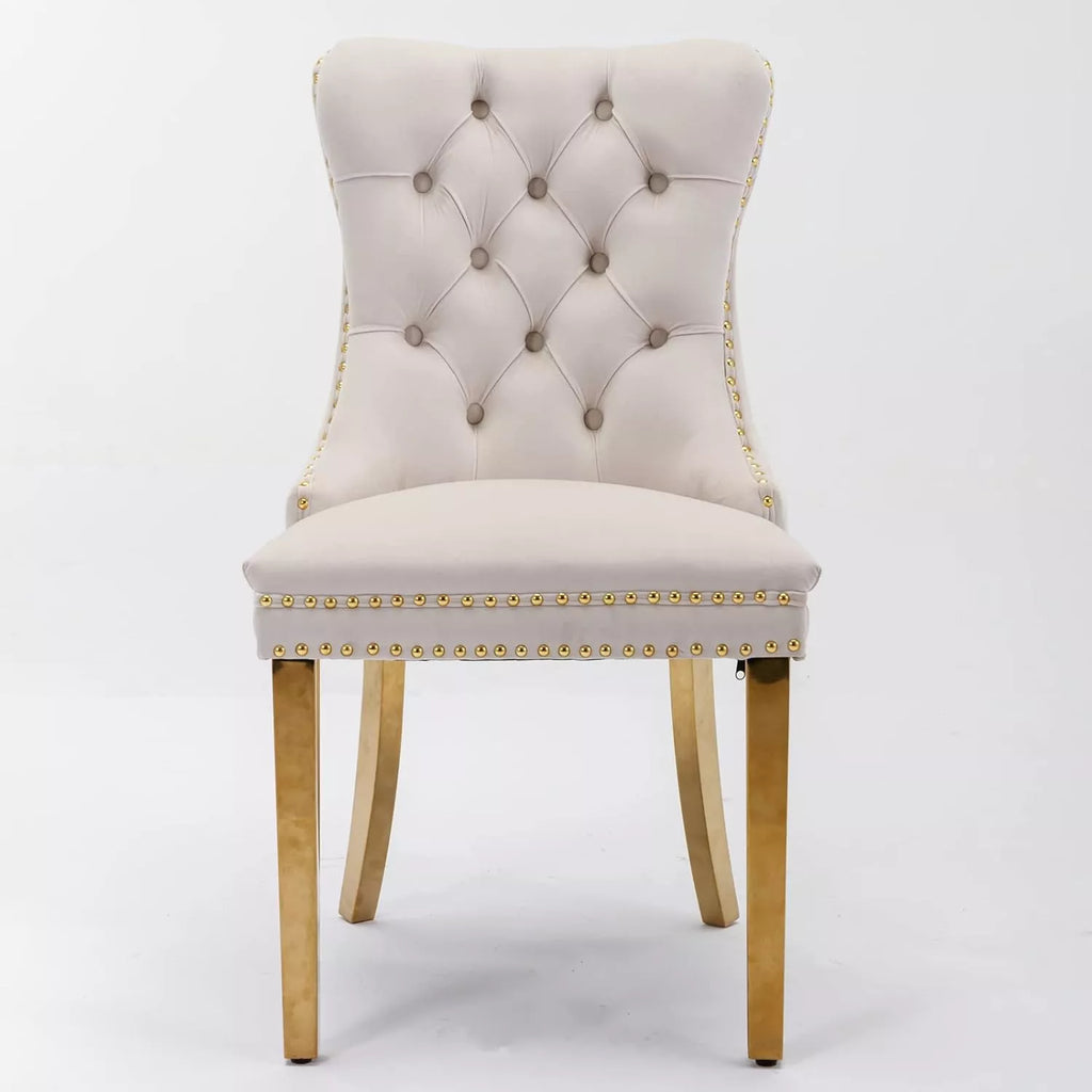 Velvet Dining Chairs Set of 2 – Gold Legs, Tufted Back, Pull Ring Design