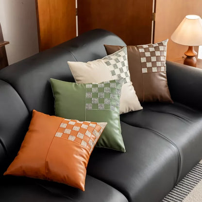 Luxury 18x18in Small Grid Throw Pillow Cover – French Stamped Decorative Cushion