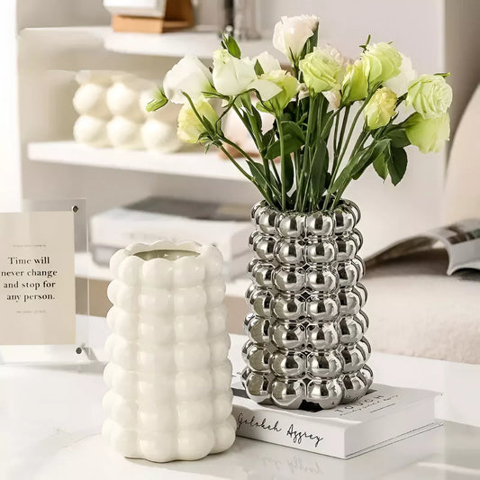 Nordic Ceramic Milk White & Silver Tabletop Vase – Modern Home Decor