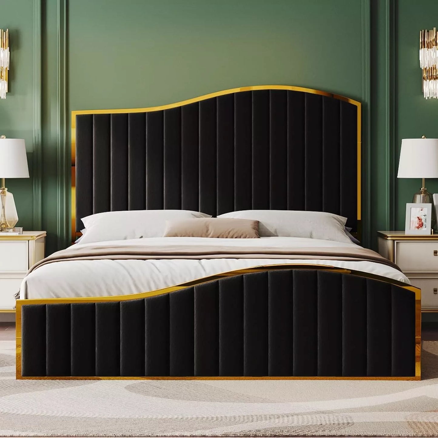 Luxury Queen Bed Frame with 61.4″ Tufted Velvet Headboard & Gold Trim - DSARD