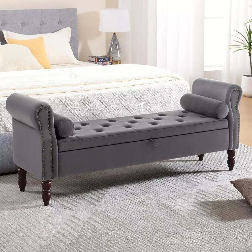 King Size Velvet Storage Bench with Tufted Upholstery and Pillows – 67” End of Bed Ottoman - DSARD
